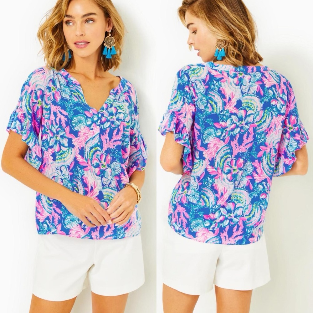 Lilly Pulitzer Quinna Short Sleeve Top, Blue Tang Sitting Seaside, XS